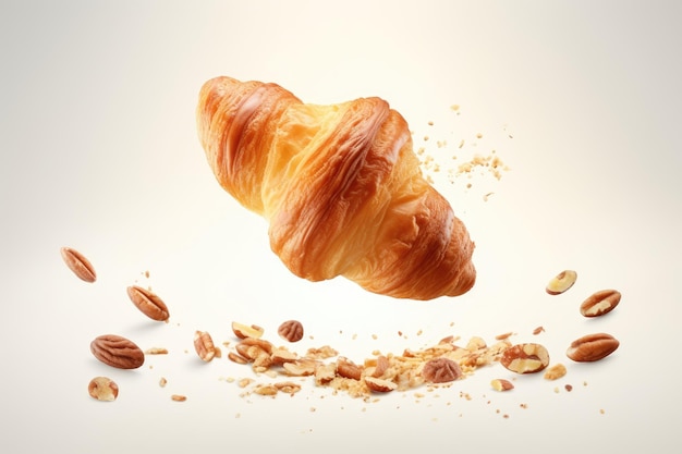 Delicias de panadería levitantes en una cafetería, como pastel de brioche con croissant y galletas de hojaldre