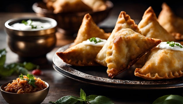 Delicias saborosas aperitivo gourmet com samosas e bolinhos fritos