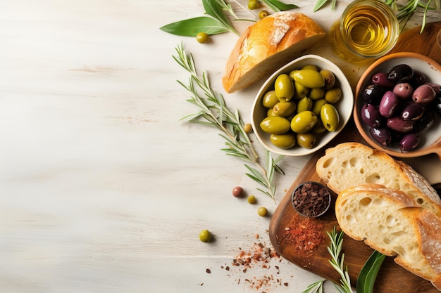 Delícias saborosas Uma deliciosa composição de azeitonas Pão especiarias e óleo em um liviano fundo de madeira