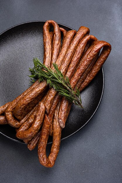 Delicias tradicionales de carne, salchichas en una mesa oscura