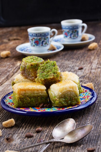 Delicias turcas. dulces baklava con dos tazas de café