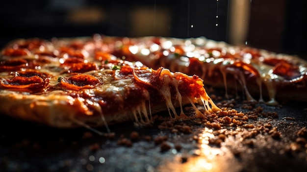 Delicias urbanas vívido primer plano de una brillante rebanada de pizza de pepperoni