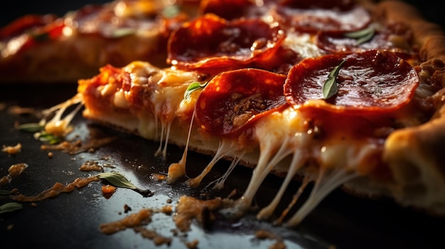 Delicias urbanas vívido primer plano de una brillante rebanada de pizza de pepperoni