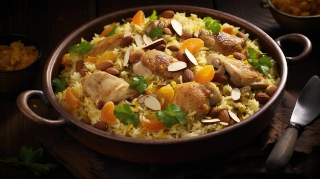 Foto delicie-se com os vibrantes tons de amarelo que permeam este plov de frango festivo onde pedaços ternos de