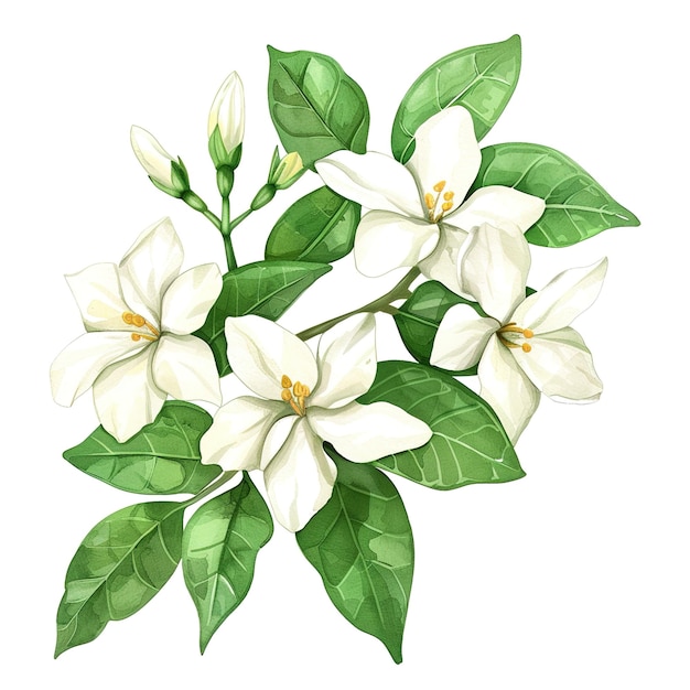 Deliciosa acuarela para niños Ilustración de una linda flor de jazmín aislada sobre un fondo blanco