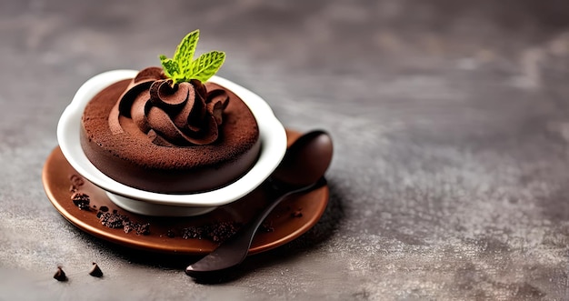 Foto una deliciosa y apetitosa mousse de chocolate, servida en una mesa oscura, en un plato de cerámica blanca