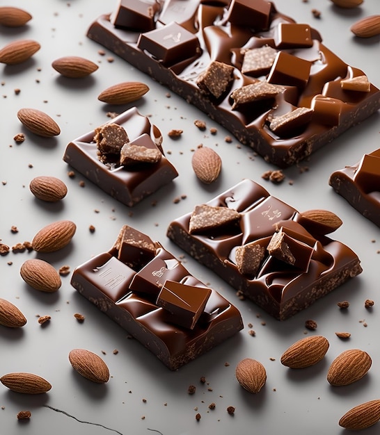 Una deliciosa barra de chocolate suiza con almendras y caramelo derretido sobre una mesa de mármol blanco italiano.