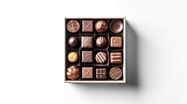 Foto una deliciosa caja de chocolates elegantemente colocada contra un fondo blanco prístino