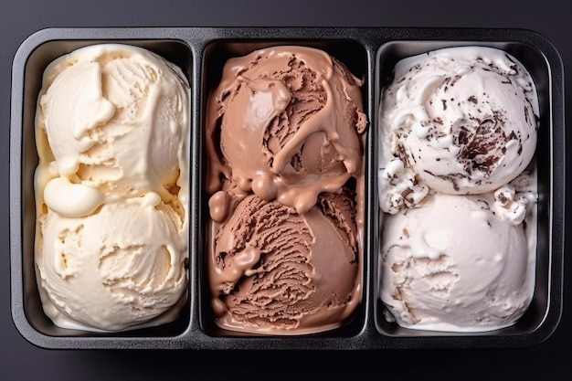 Foto deliciosa caja con tres tipos de vainilla congelada y helado de chocolate vista superior
