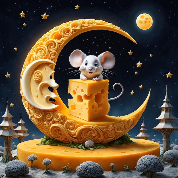 Una deliciosa caricatura en 3D de una luna hecha enteramente de queso cheddar con una pequeña perca de ratón