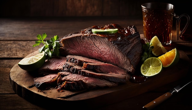 deliciosa carne asada en una rara comida oscura de grado de cocina