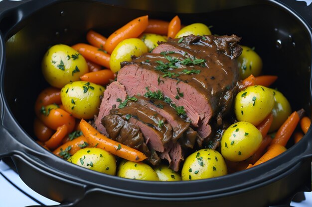 Foto deliciosa carne assada e batatas prontas para ser desfrutadas suculentas e com um aroma irresistível uma refeição tentadora