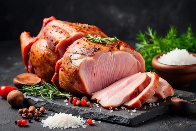Deliciosa carne de cerdo o pollo ahumada con especias saladas y hierbas sobre un fondo de hormigón oscuro