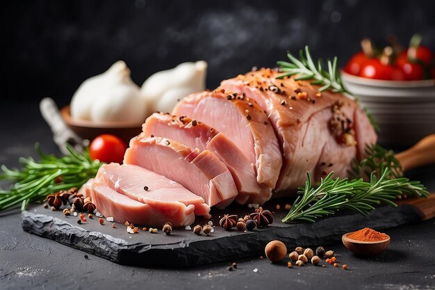 Deliciosa carne de cerdo o pollo ahumada con especias saladas y hierbas sobre un fondo de hormigón oscuro