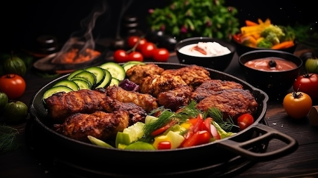 deliciosa carne frita com legumes em uma salada e lanches