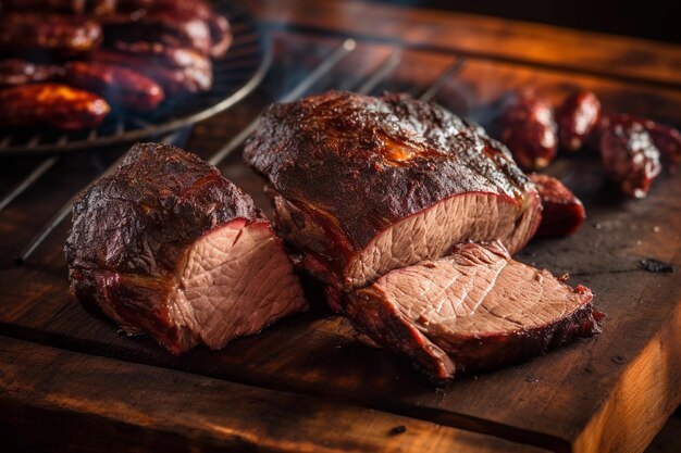 Deliciosa carne a la parrilla cortada en tablero de madera cena familiar barbacoa generativa ai