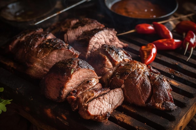 Deliciosa carne a la parrilla cortada en tablero de madera cena familiar barbacoa generativa ai