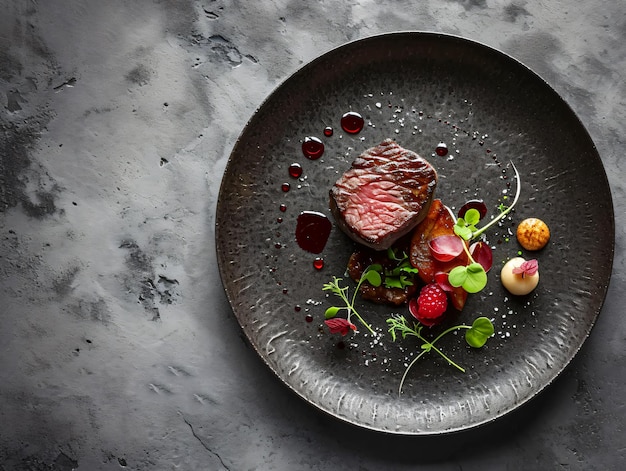 Deliciosa cena fina con comida fresca y deliciosa en un elegante fondo de lujo del jefe Michelin