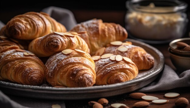 Deliciosa cesta de pastelaria francesa com croissants frescos e brioche de chocolate gerado por IA