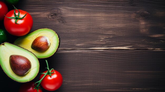 Deliciosa combinación de alimentos de tomate y aguacate Fondo horizontal fotorrealista Ensalada de verduras frescas Fondo generado por Ai con espacio de copia Combinación de alimentos aromáticos de tomate y aguacate