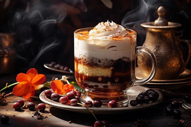Foto la deliciosa combinación de café y un postre dulce con una taza de café humeante