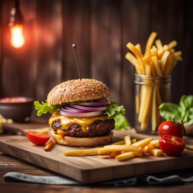 Una deliciosa combinación de hamburguesa y papas fritas