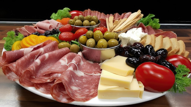 Una deliciosa combinación de sabrosos embutidos italianos y quesos servidos con verduras frescas y aceitunas conforman este impresionante plato frío de antipasto Generado por AI