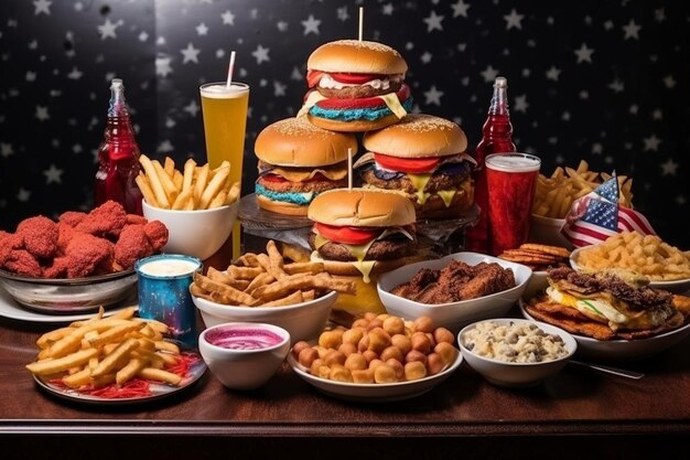 Foto deliciosa comida americana en la mesa de la fiesta con la estatua de la libertad