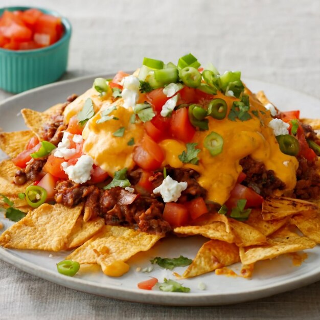 La deliciosa comida callejera mexicana cargada de nachos con salsa fresca