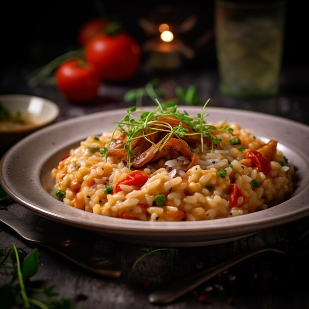 Deliciosa comida de restaurante de risoto no fundo preto