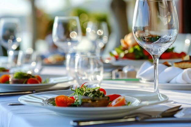 Una deliciosa comida gourmet servida en una mesa muy bien puesta