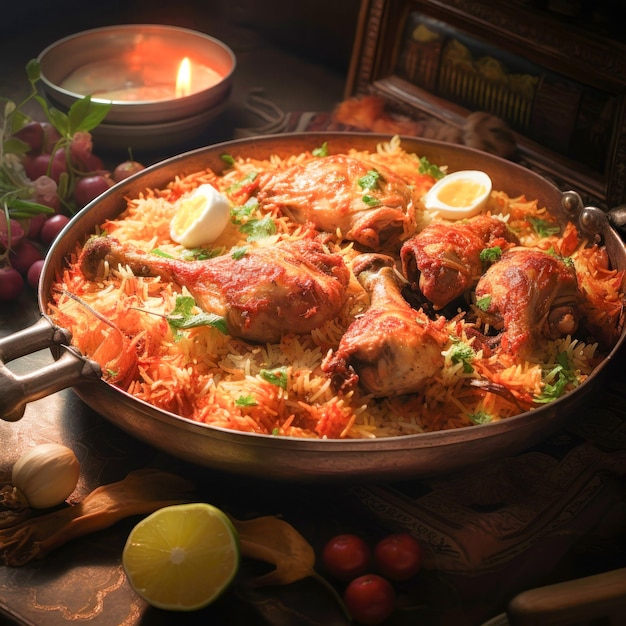 Una deliciosa comida india fresca y no vegetariana llamada dum biryani