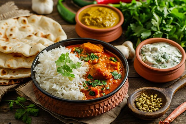 Foto deliciosa comida indiana com arroz e pita.