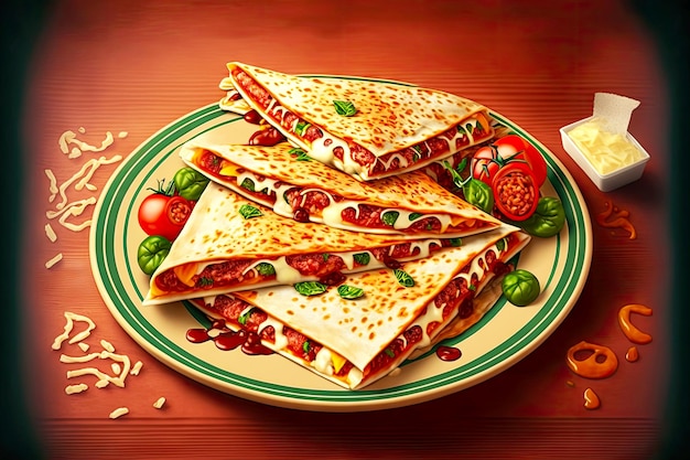 Deliciosa comida mexicana sanduíches quesadillas com molho de tomate legumes carne e queijo