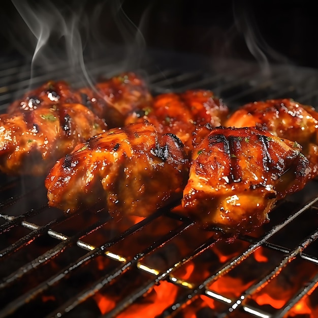 Deliciosa comida a la parrilla con texturas de fuego en el fondo