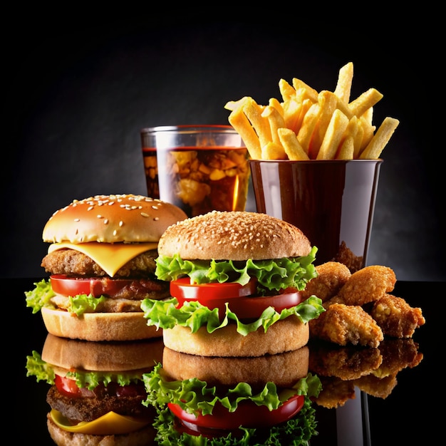 Deliciosa comida rápida en fondo negro 4K fotos HD para proyectos creativos