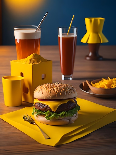 Foto deliciosa comida rápida de hamburguesa con carne de res y jugo de queso en el fondo de las mesas