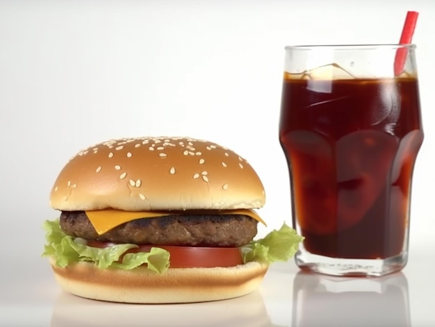 Deliciosa comida rápida hamburguesa con queso y bebida de coca-cola en el restaurante