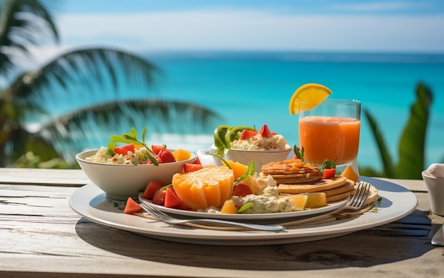 Una deliciosa comida con un refrescante vaso de jugo de naranja en una mesa Ai