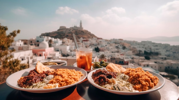 Deliciosa comida con el telón de fondo de la ciudad griega blanca en la isla IA generativa