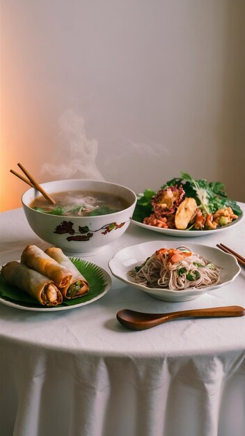 Deliciosa comida vietnamita, incluindo macarrão pho ga, rolos de primavera na mesa branca.