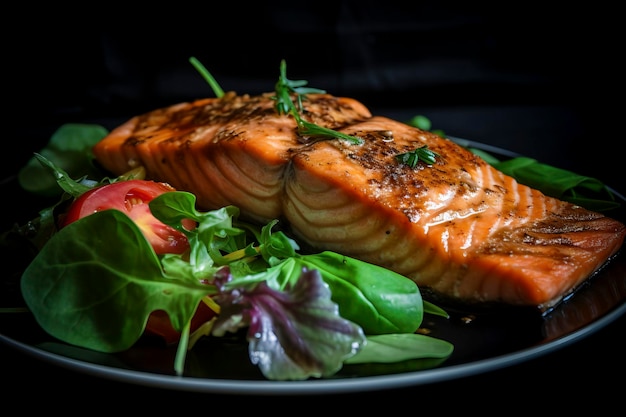 Una deliciosa composición de comida con salmón horneado presentado en un fondo rústico