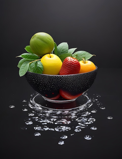 Deliciosa composición de frutas que caen de fondo manzanas naranjas y otras frutas con agua