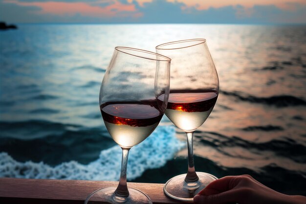 Una deliciosa copa de vino en un crucero con el mar de fondo Ai generó