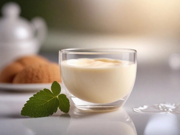 Foto deliciosa crema de leche de yogur en una taza de vidrio sobre un fondo borroso ia generativa