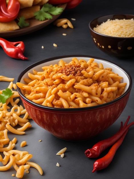 Deliciosa dieta vegana casera, macarrones de pasta picante con hierbas y especias