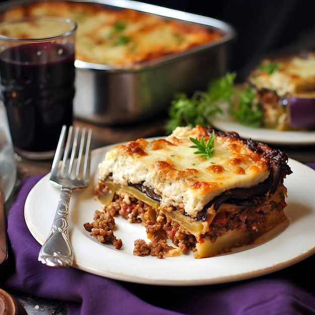 Deliciosa e indulgente moussaka con berenjena y ternera AI generativa