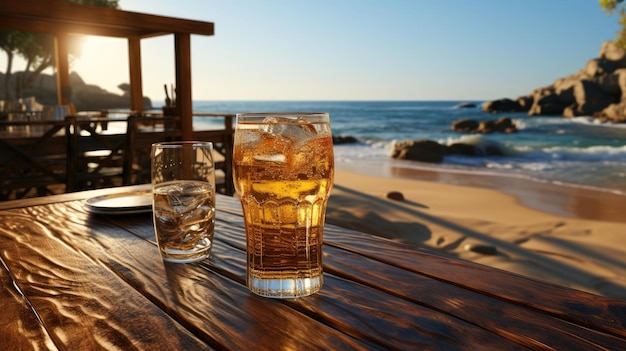 Deliciosa e refrescante cerveja lager leve com espuma fria em um copo na mesa de um bar na praia