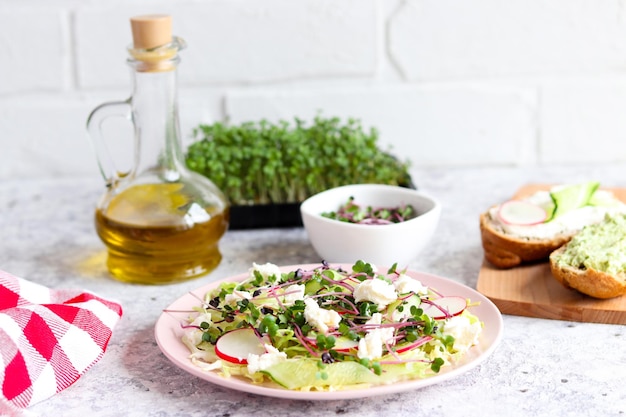 Deliciosa ensalada casera de col, pepinos, rábanos, queso crema, microvegetales en una mesa de cocina