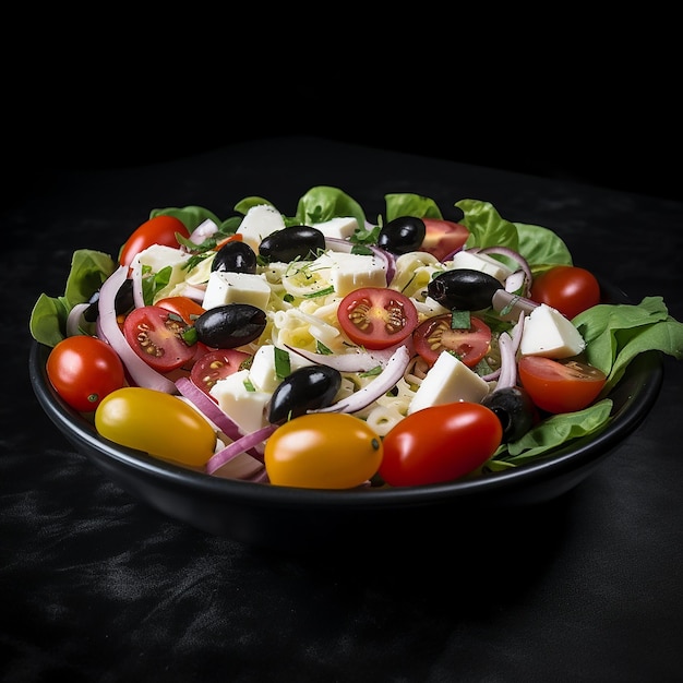 Deliciosa ensalada fresca y apetitosa de tomates con queso y aceitunas negras Ensalada griega sobre negro